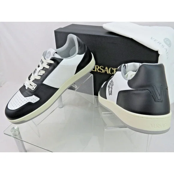 NIB VERSACE BLACK WHITE LEATHER MEDUSA HEAD LOW TOP SNEAKERS US 14 EUR 47 ITALY